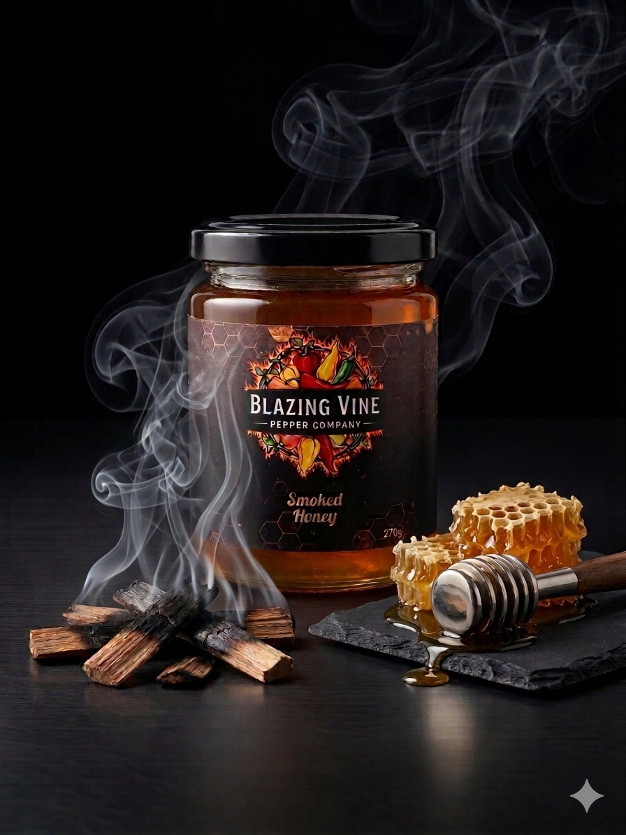 Blazing Vine Smoked Honey — jar with smouldering wood chips and honeycomb on slate