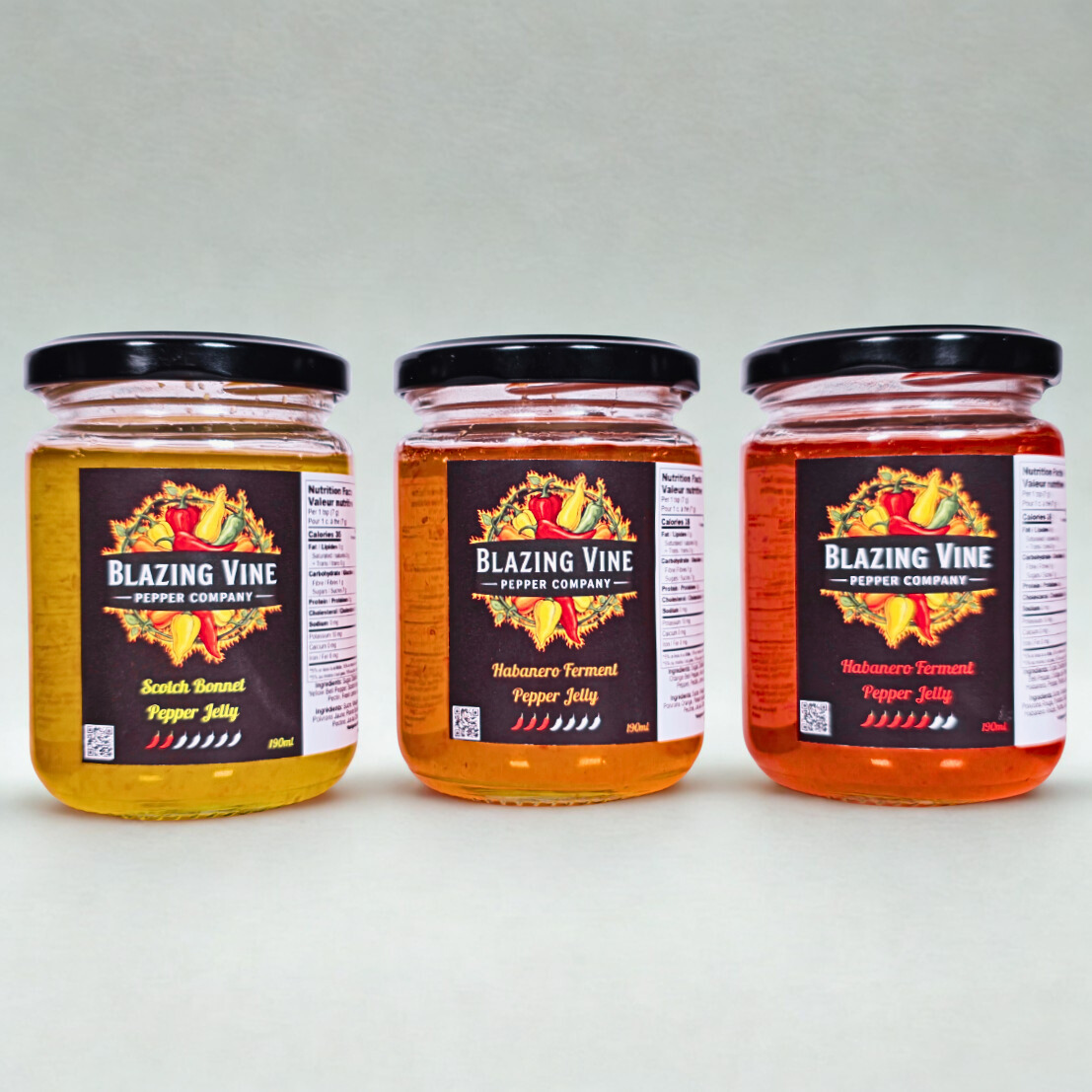 Three Blazing Vine Pepper Jelly jars — Scotch Bonnet, Habanero Medium, Habanero Hot