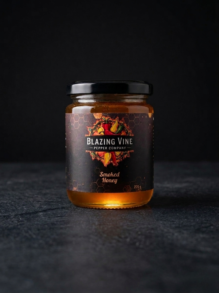 Blazing Vine Smoked Honey jar on dark slate
