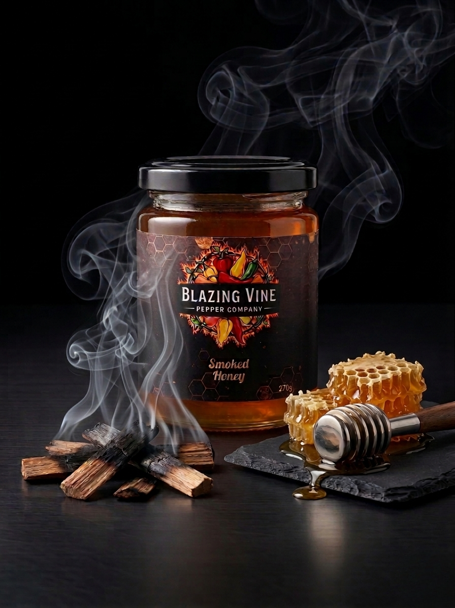 Blazing Vine Smoked Honey — jar with smouldering wood chips and honeycomb on slate